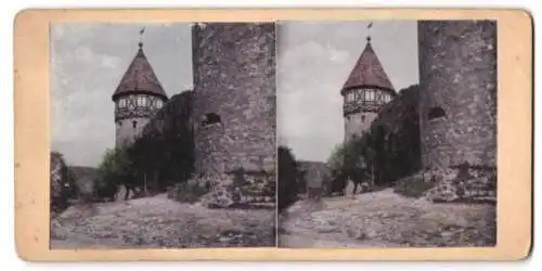 Stereo-Fotografie unbekannter Ort, Burg mit Wehrturm, koloriert