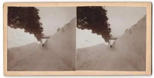 5 Stereo-Fotografien P. Straub, Furtwangen, Ansicht Gütenbach, Strasse zum Ort durch den Schnee gefräst 1907