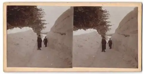 5 Stereo-Fotografien P. Straub, Furtwangen, Ansicht Gütenbach, Strasse zum Ort durch den Schnee gefräst 1907