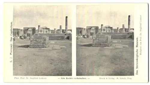 10 Stereo-Fotografien Prof. Dr. Siegfried Lederer, Ansicht Pompeji, Text Stereokopisches Museum Prag, Forum, Capitol u.a