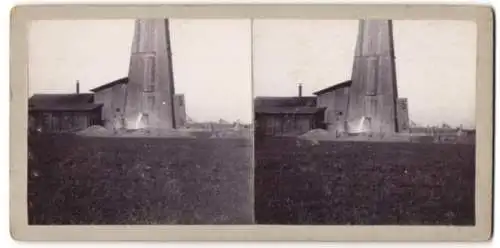 5 Stereo-Fotografien Straub, Furtwangen, hölzerner Bohrturm mit Abwasserleitung