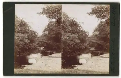 12 Stereo-Fotografien unbekannter Fotograf, Ansicht Brig O' Turk / Schottland, Bauernhof, Bäuerin & Hühner, Ortsansicht