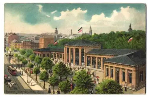 Lithographie Aachen, Strassenpartie am Elisenbrunnen