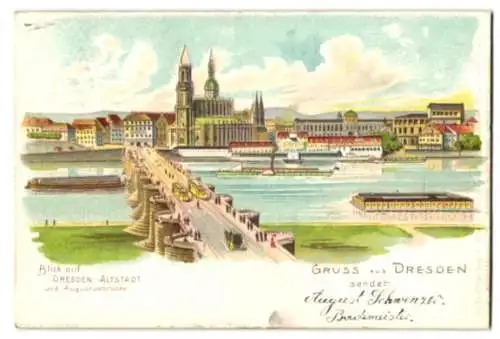 Lithographie Dresden, Blick auf die Altstadt mit Augustus-Brücke, Diorama-Effekt