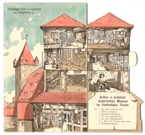 Klapp-AK Nürnberg, Fünfeckiger Turm mit Luginsland und Kaiserstallung, Museum darin