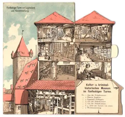 Klapp-AK Nürnberg, Fünfeckiger Turm und Kaiserstallung, Kriminalhistorisches Museum darin