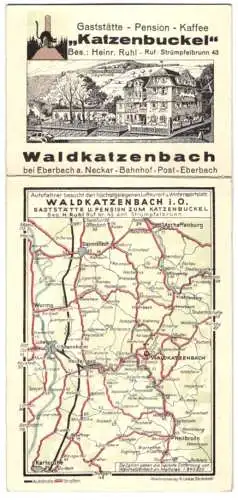 Klapp-AK Waldkatzenbach i. O., Gaststätte-Pension Katzenbuckel v. Heinr. Ruhl, Landkarte der Umgebung