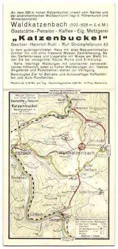 Klapp-AK Waldkatzenbach i. O., Gaststätte-Pension Katzenbuckel v. Heinr. Ruhl, Landkarte der Umgebung