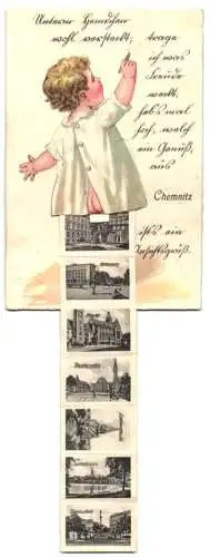 Leporello-AK Chemnitz, Ansichten hinterm Gewand, Johannisplatz, Opernhaus, Städt. Markthalle, Beckerdenkmal