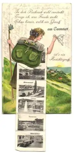 Leporello-AK Cannstatt, Ansichten im Rucksack, Wilhelmsbrücke, Eisenbahnbrücke, Dragonerkaserne, Neckarvorstadt