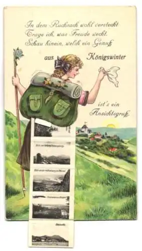 Leporello-AK Königswinter, Ansichten im Rucksack, Siebengebirge, Aufgang zum Drachenfels, Drachenburg