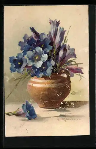 Künstler-AK Catharina Klein: Blauer Blumenstrauss in brauner Vase