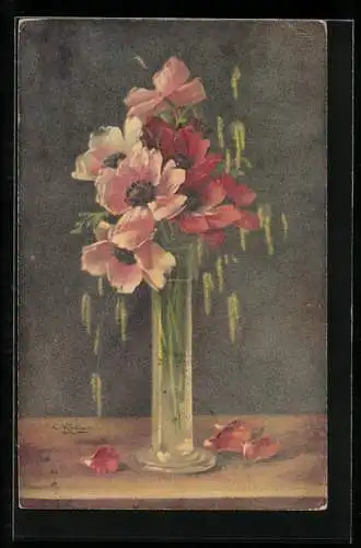 Künstler-AK Catharina Klein: Vase mit rosa und roten Anemonen auf einem Tisch