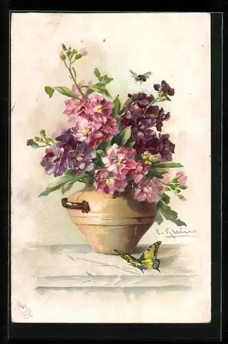 Künstler-AK Catharina Klein: Schmetterling und Biene an einem Blumenstrauss in einer Vase