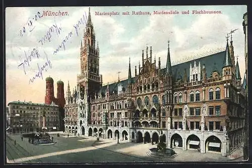 AK München-Au, Marienplatz mit Rathaus, Mariensäule und Fischbrunnen