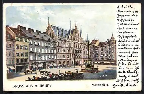 AK München-Au, Pferdekutschen auf dem Marienplatz