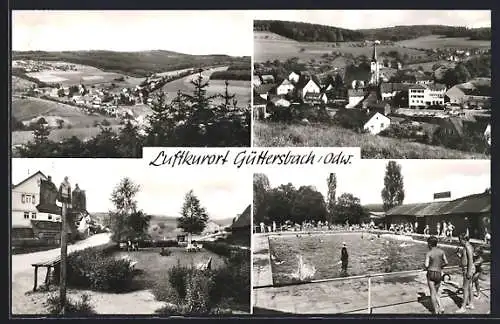 AK Güttersbach /Odw., Ortspartie mit Wegweiser, Freibad, Gesamtansicht