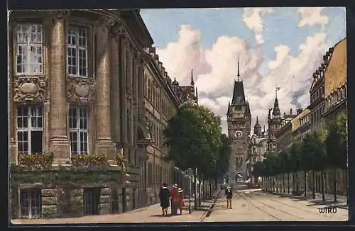 Künstler-AK Freiburg / Breisgau, Kaiserstrasse und Martinstor