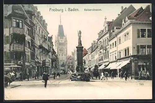 AK Freiburg / Breisgau, Kaiserstrasse mit Geschäften und Brunnen