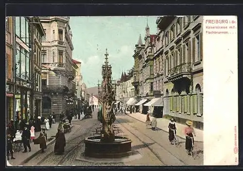 AK Freiburg / Breisgau, Kaiserstrasse mit Fischbrunnen