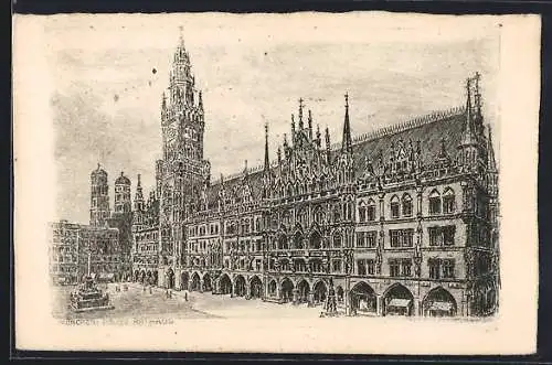 Künstler-AK München-Au, Neues Rathaus mit Denkmal