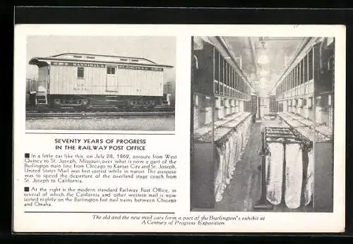 AK Old US Mail train cart from Hannibal & St. Joseph R. R., interior of the modern Railway Post Office