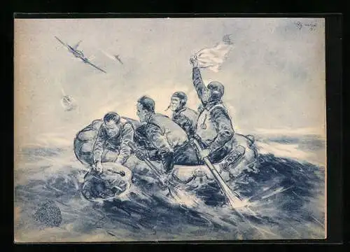 Künstler-AK Deutsche Soldaten auf dem Wasser werden von den Kampfflugzeugen gefunden, Luftwaffe