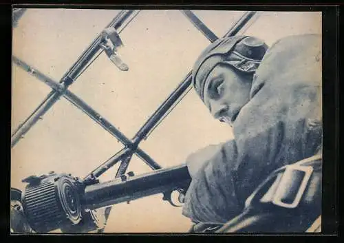 AK Bordschütze am Maschinengewehr in einem Flugzeug der Luftwaffe