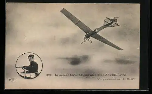 AK Le sapeur Latham sur Monoplan Antoinette, Eindecker-Flugzeug