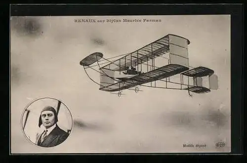 AK Renaux sur biplan Maurice Farman, Flugzeug und Pilot