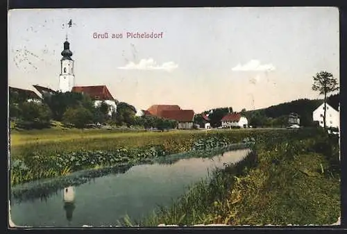 AK Pischelsdorf am Engelbach, Partie am Fluss mit Kirche