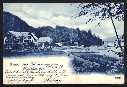 AK Maiernigg am Wörther-See, Teilansicht mit Steg und Ruderboot