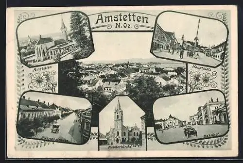 AK Amstetten, Hauptplatz, Bahnhof, Klosterkirche, Wienerstrasse