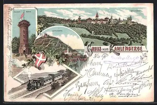 Lithographie Wien, Kahlenberg, Das Hotel, Stefanie-Warte, Leopoldsberg, Bergbahn