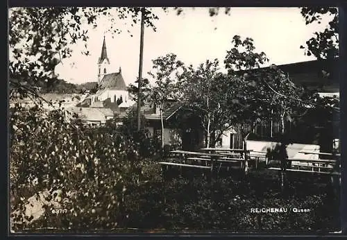 AK Reichenau im Mühlkreis, Gartenwirtschaft mit Kirche