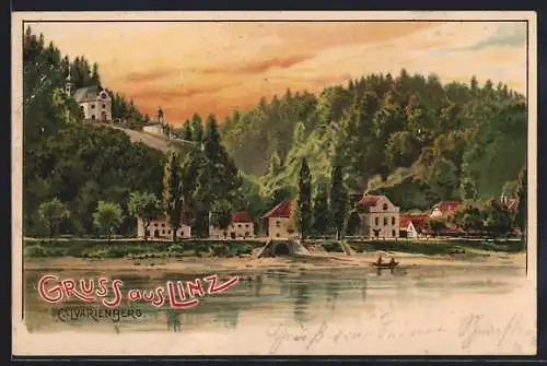 Lithographie Linz, Calvarienberg vom Wasser aus