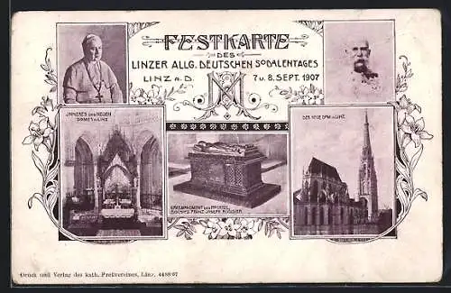 AK Linz a. D., Linzer allg. deutschen Sodalentag 1907, Der neue Dom, Innenansicht, Bischof Franz Joseph Rüdiger