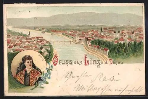 Lithographie Linz a. d. Donau, Ortsansicht aus der Vogelschau, Linzerin