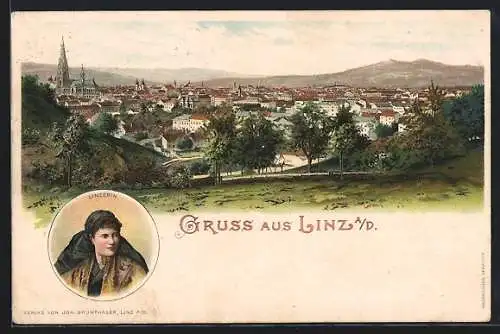 Lithographie Linz a. D., Ortspartie mit Kirche und Landschaft