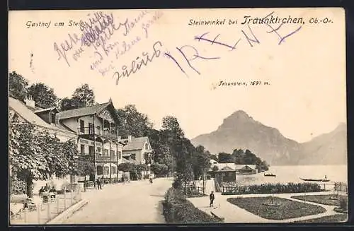 AK Traunkirchen /O.-Oe., Steinwinkel, Gasthof am Stein mit Traunstein