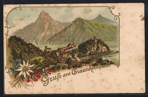 Lithographie Traunkirchen, Teilansicht mit Bergen