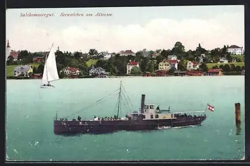 AK Seewalchen am Attersee, Dampfer und Segelboot auf dem See