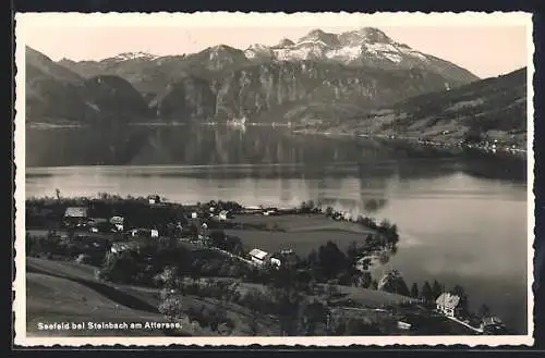 AK Seefeld bei Steinbach, Ortsansicht mit Attersee und Gebirge