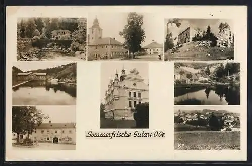 AK Gutau /O.-Ö., Gasthaus Pils, Kirche, Flusspartie mit Brücke