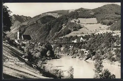 AK Ternberg a. d. Enns, Flussbad-Anlage, Kirche im Hintergrund