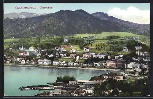 AK Gmunden, Salzkammergut, Teilansicht mit Bergen