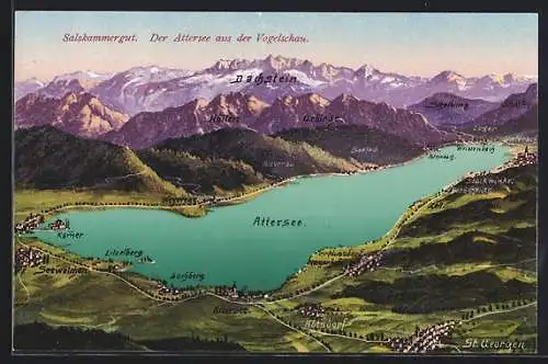 AK Attersee, Attersee aus der Vogelschau mit Dachstein