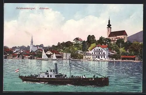 AK Attersee, Uferpanorama mit Passagierdampfer u. Blick auf Kirche