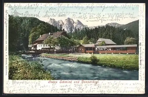 AK Gosau, Ortspartie am Fluss mit Schmied und Donnerkogl