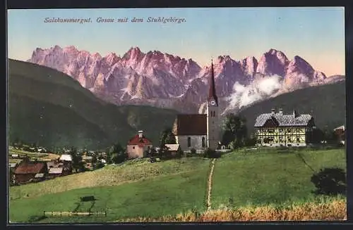 AK Gosau, Ortsansicht mit Blick auf das Stuhlgebirge